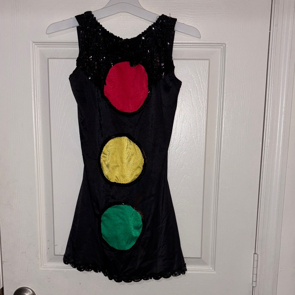Black dance sequin dress with Traffic Light Design no size but similar to 7/8